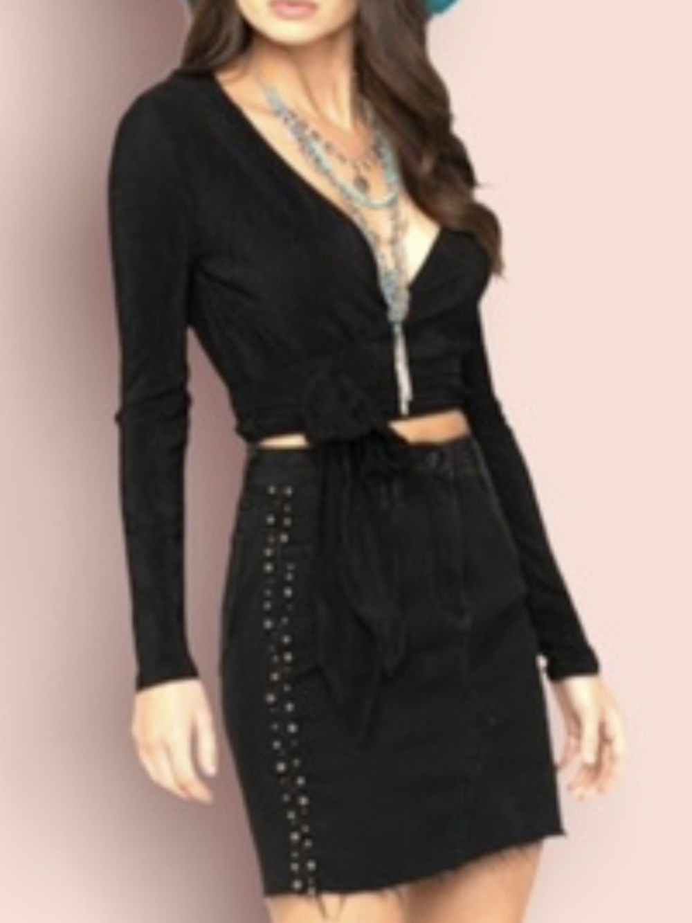 Driftwood Stef Black Pearl Stud Denim Raw Hem Mini Skirt